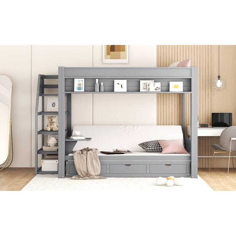 Roomfitters Full Size Convertible Bunk Bed with Storage Staircase and Bedside Table, Gray