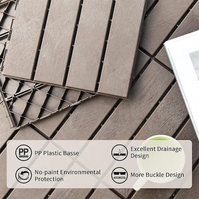 Patio Interlocking Deck Tiles, 12"x12"Square Composite Decking Tiles, Four Slat Plastic Outdoor Flooring Tile (Dark Brown)