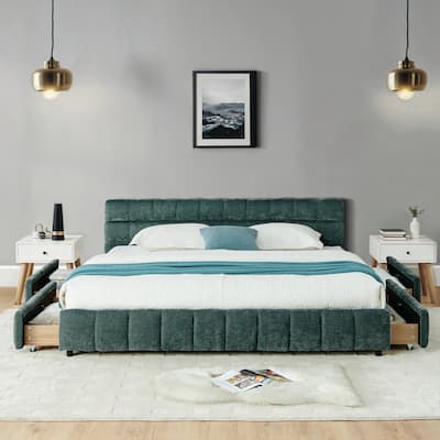 California King Size Bed Frame with 4 Storage Drawers and Headboard Chenille Upholstered Platform Bed Frame with Wooden Slats