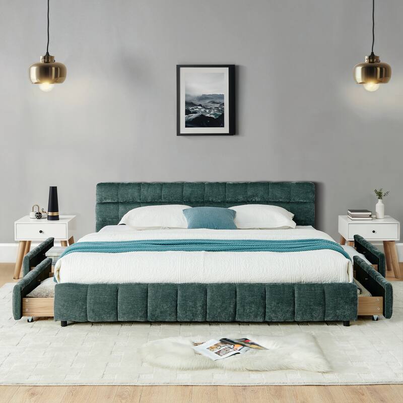 California King Size Chenille Fabric Bed Frame, Tufted Upholstered Platform Bed with 4 Storage Drawers, No Box Spring Needed