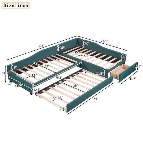 dimension image slide 1 of 3, 3-in-1 Daybed L-shape Corner Sofa Bed with Pull-out Drawer and Trundle Bed, Linen Upholstered Bed Twin Size Sleeper Couch Bed