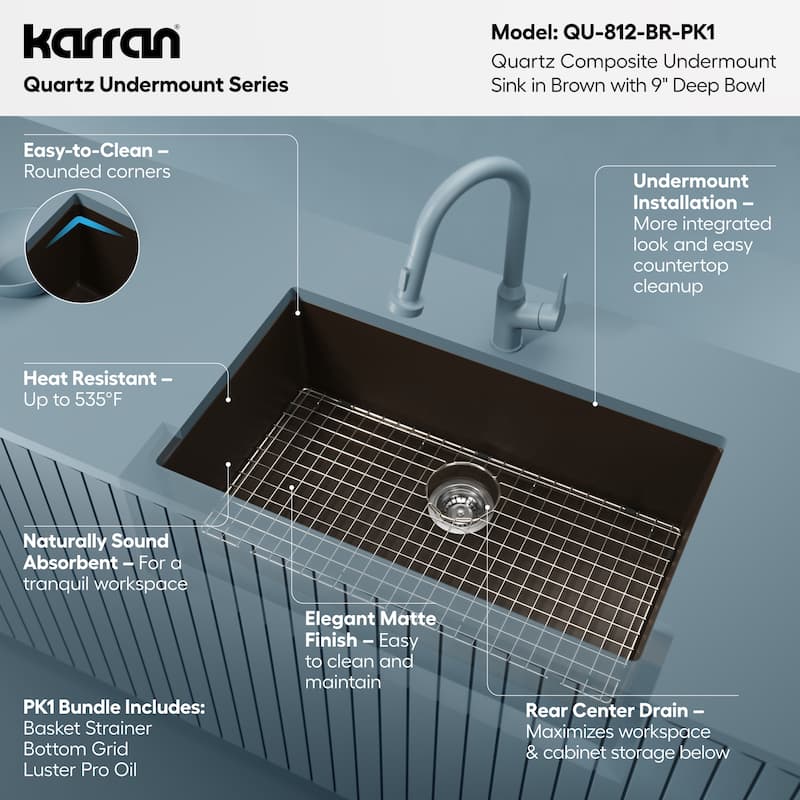 Karran Undermount 32.5 in. Large Single Bowl Quartz Kitchen Sink Kit