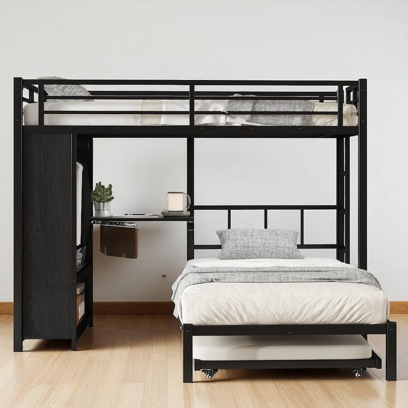 Metal Twin/Full/Queen Over Twin Bunk Bed with Trundle, Built-in Wardrobe, Foldable Desk, and Ladder, Black