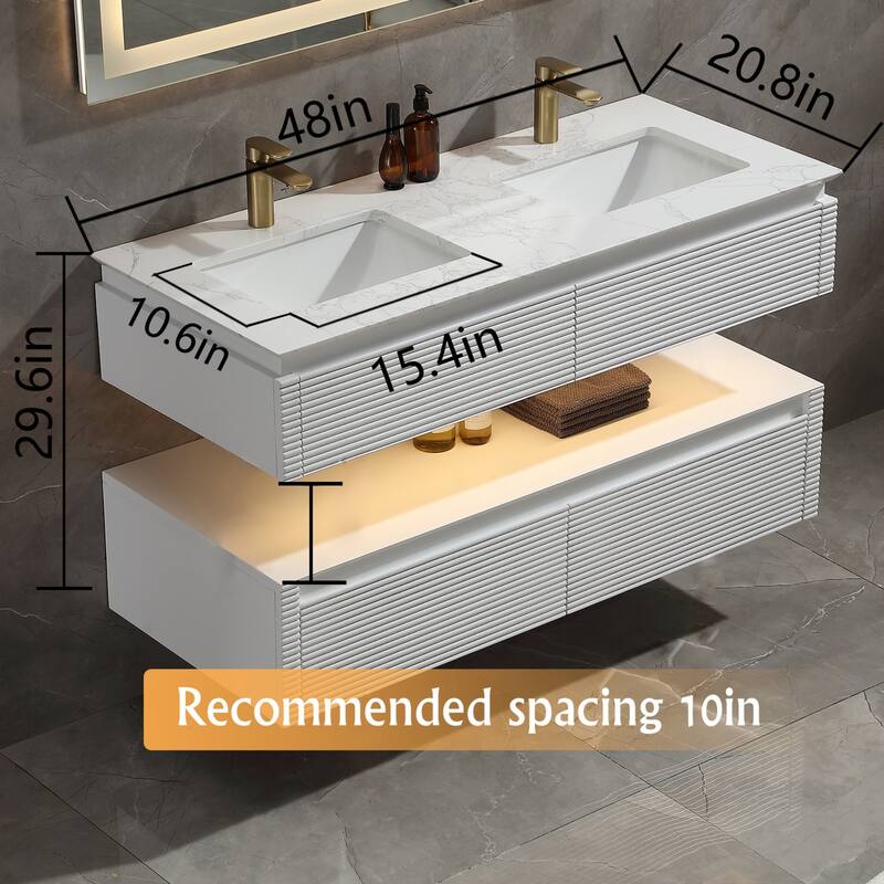 Modland 36''/48'' Floating Bathroom Vanity with ETL-Certified LED Lighting, Soft-Close Drawers & Waterproof, White