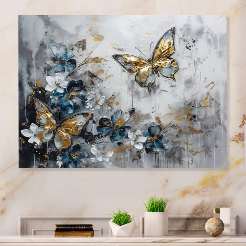 Designart "Golden Blue Butterfly Wings And Flowers III" Floral Metal Wall Art