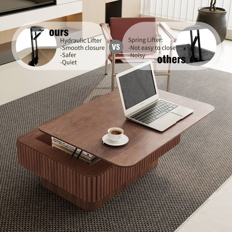 38.6" Fluted Lift-top Coffee Table, Coffee Table Accent Tea Table with Storage and Adjustable Height for Living Room