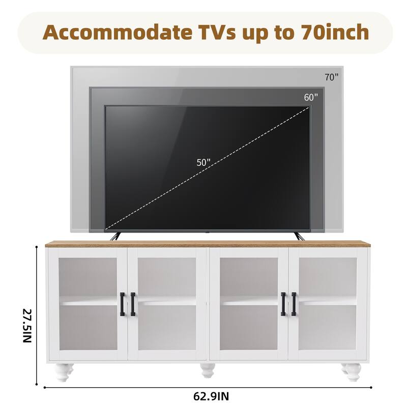 TV Storage Console for TVs up to 70" Media TV Console Table w/ 2 Cabinets, Glass Door Entertainment Center for Living Room