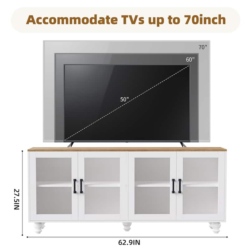 White+Walnut Farmhouse 63" TV Stand Cabinet with Tempered Glass Doors and Adjustable Shelves for TVs Up to 70"