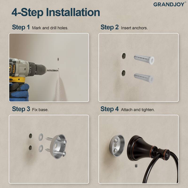 GRANDJOY 4-Piece Bathroom Hardware Set with 23-Inch Single Towel Bar and Shelf Toilet Paper Holder