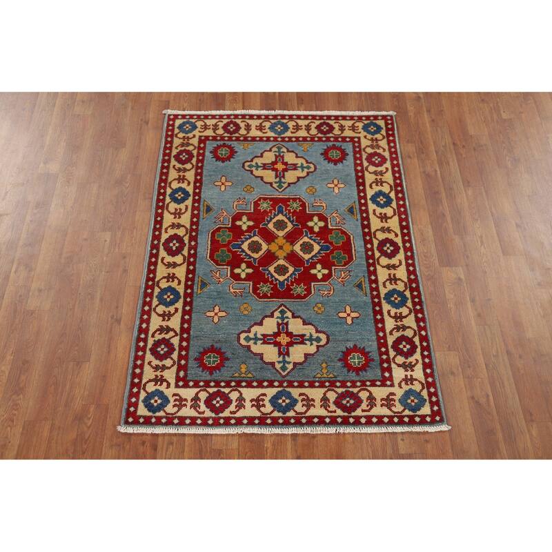 Blue Geometric Kazak Oriental Accent Rug Handmade Wool Carpet - 3'4" x 4'9"