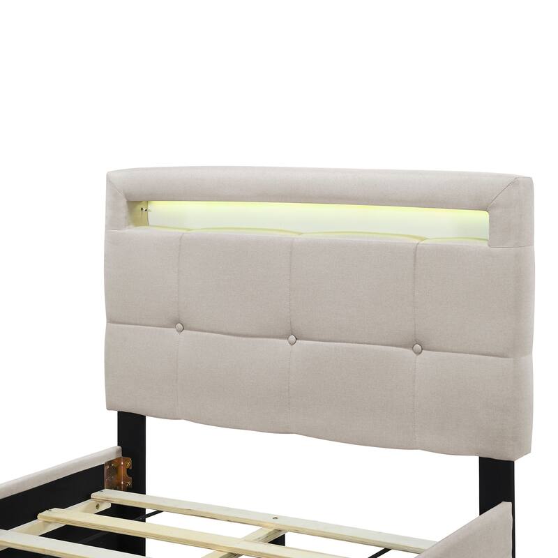 Linen Upholstered Platform Bed Frame with LED Light Headboard & 2 Drawers