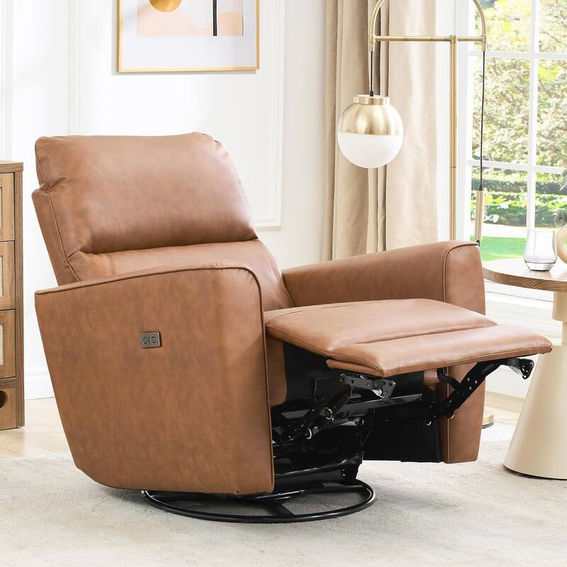 Power Recliner Swivel Chair Rockery Glider PU Leather Nursery Chair with USB Port