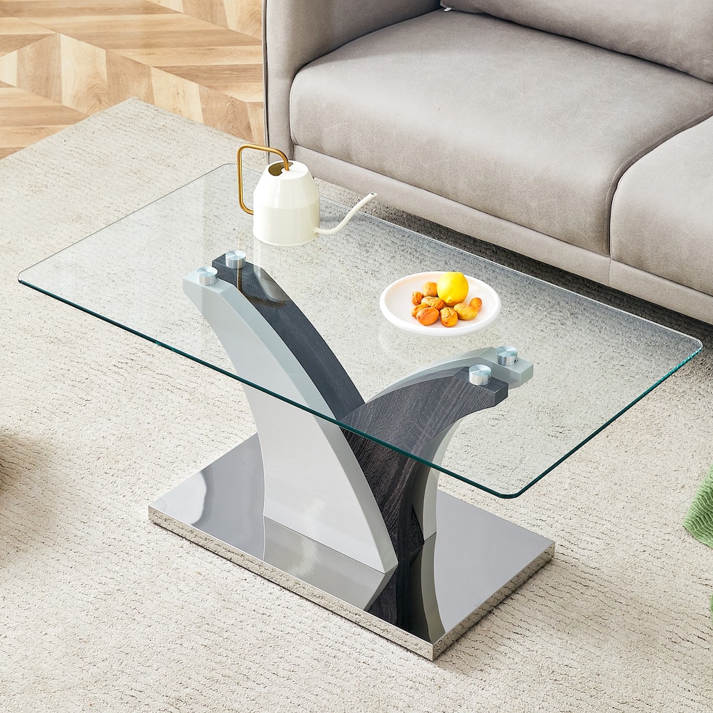 Rectangular Clear Coffee Table, Modern Side Coffee Table With Tempered Glass Countertop And Artistic MDF Base For Home