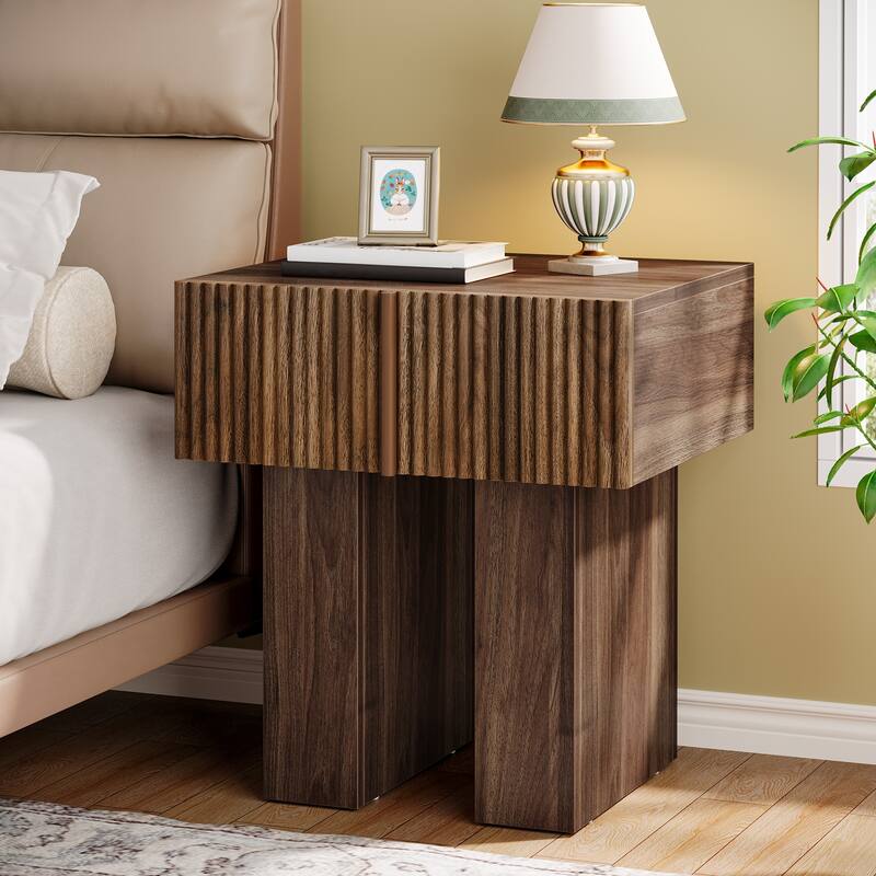 Modern Nightstand, Fluted Night Stand with Storage Drawer for Bedroom, Living Room
