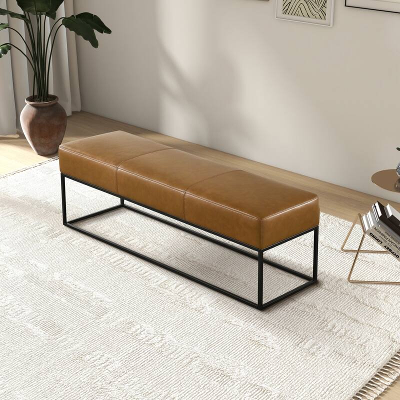 Vinta 48" Wide Mid Century Modern Tan Leather Bench with Metal Frame - TanLeather