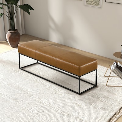 Vinta 48" Wide Mid Century Modern Tan Leather Bench with Metal Frame