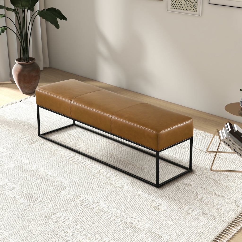 Vinta 48" Wide Mid Century Modern Tan Leather Bench with Metal Frame