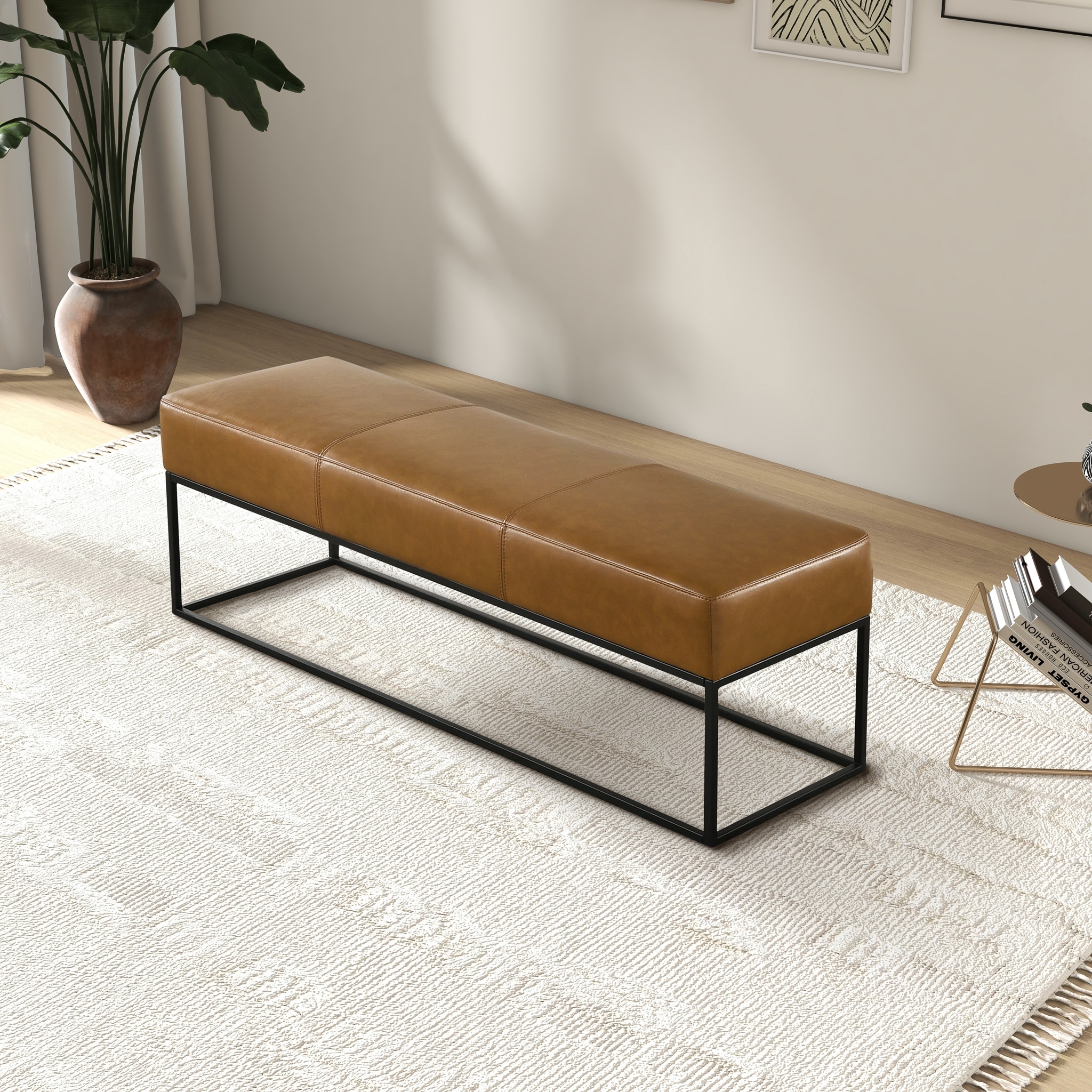 Vinta 48" Wide Mid Century Modern Tan Leather Bench with Metal Frame