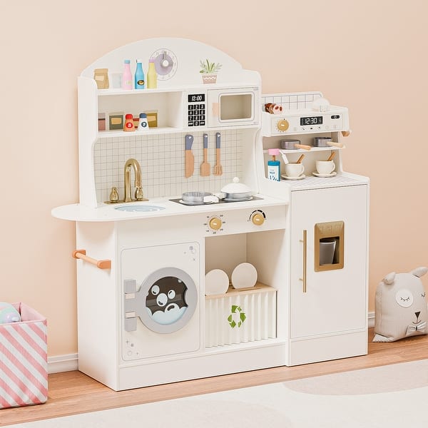 slide 2 of 7, Wooden Play Kitchen with Coffee Maker Kitchens