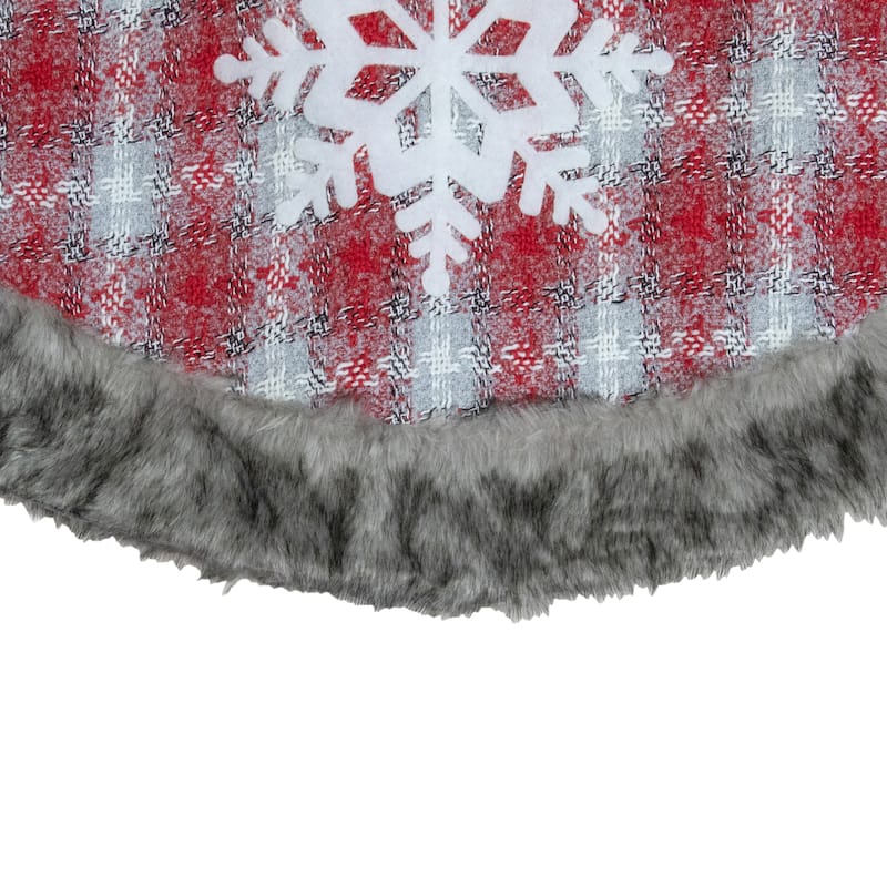 48" Red and White Plaid Christmas Tree Skirt with Snowflake - 48