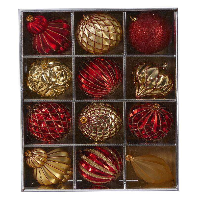 12ct Red and Gold Shatterproof 3-Finish Christmas Ornament 4" (100mm)