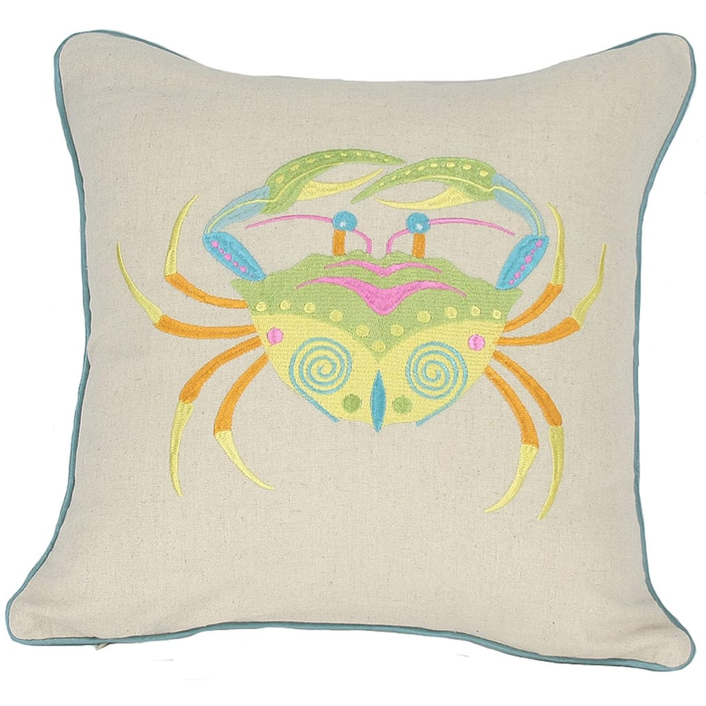 HomeRoots 18" x 18" Beige and Aqua Crab Linen Blend Zippered Pillow With Embroidery