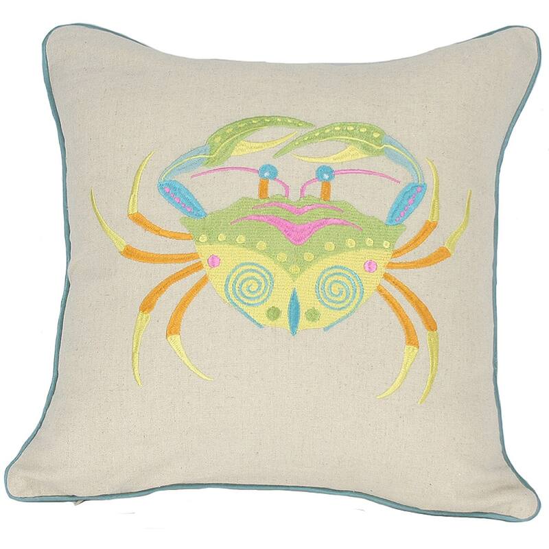 HomeRoots 18" x 18" Beige and Aqua Crab Linen Blend Zippered Pillow With Embroidery