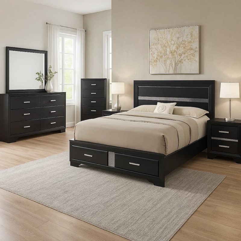 Vino Black 5 Piece Queen Bed Set with Dressers, Glitter Accent