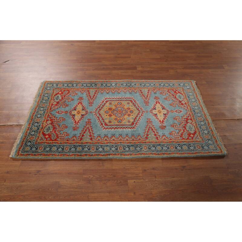 Light Blue Geometric Viss Indian Accent Rug Hand-Knotted Wool Carpet - 3'0"x 5'0"