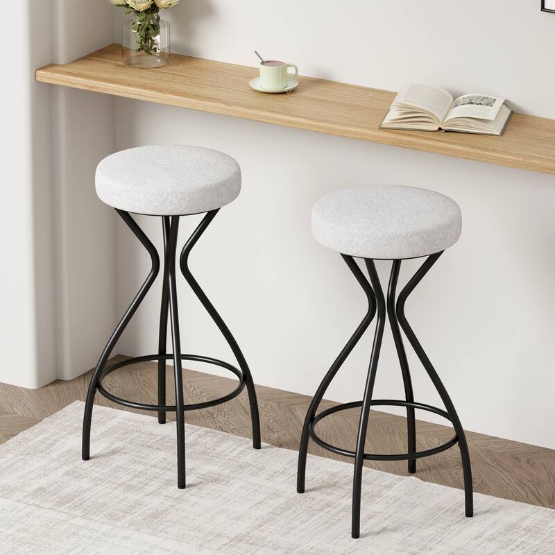 Set of 2 Floral Print Bar Stools, 29" Upholstered Round Counter Stools with Footrest - Black & White Print