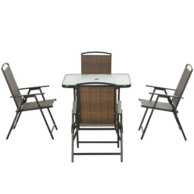 5 Pieces Wicker Patio Dining Set, Foldable Outdoor Table and Chairs, Wicker Furniture Dining Set with Umbrella Hole, Tem
