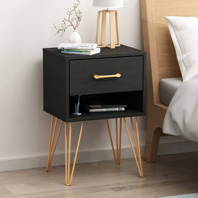 1 Drawer Wood Nightstand Bedside Cabinet Storage Shelves - Black