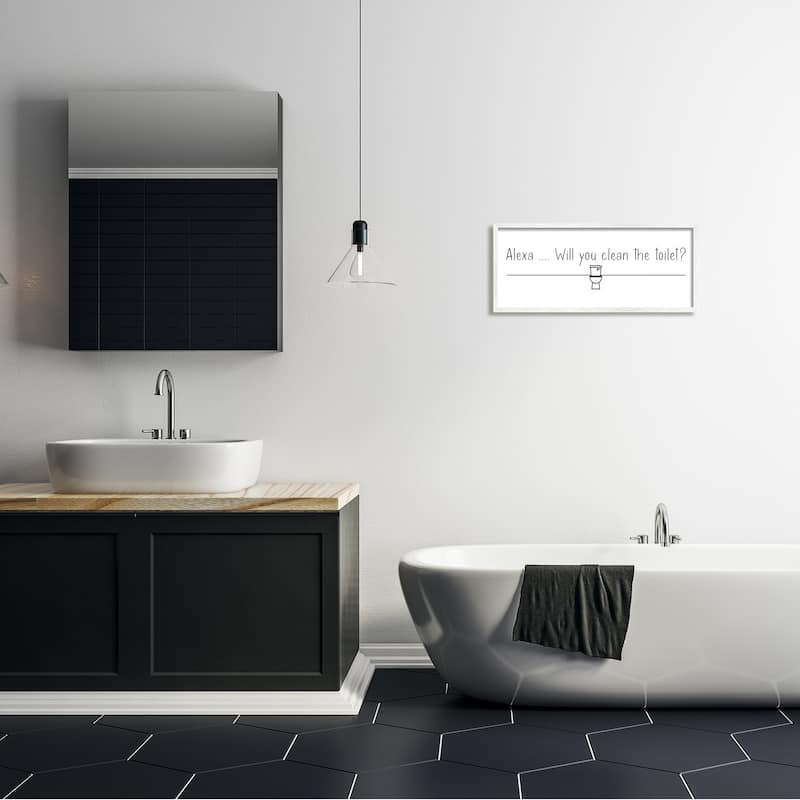 Stupell Alexa Clean The Toilet Funny Bathroom Phrase Minimal Framed Wall Art - White