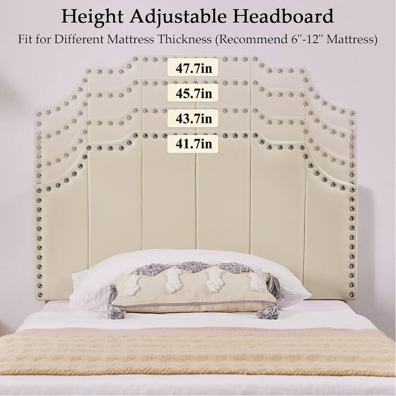 VECELO Upholstered Bed Frame with Nailhead Trim Adjustable Height Headboard, Twin/Full/Queen Size Bedframes