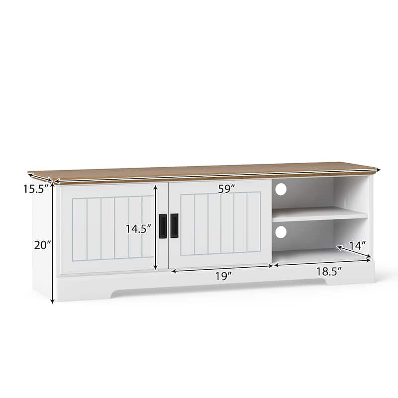 Farmhouse TV Stand for 65 Inch TVs White and Oak Entertainment Center with Sliding Doors and Adjustable Shelves