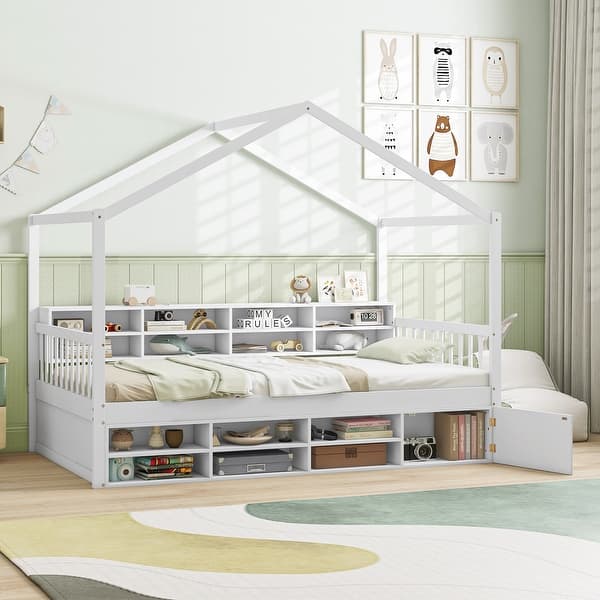 slide 2 of 9, House Bed for Kids, Twin Size with Roof and 14 Storage Cubes & Cabinet White