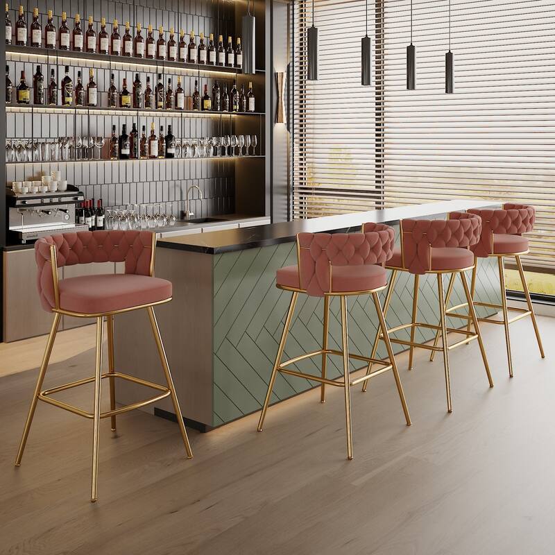 VECELO Counter Height Bar Stools with Woven Backrest 26.77" Seat Height Mid-Century Modern Upholstered Bar Chairs for Kitchen