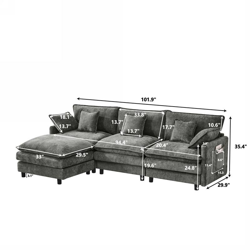 L-Shaped Modular Sectional Sofa with Movable Storage Ottoman, Comfy Cashmere Deep Seat Cloud Couch, Lounge Sofa with Pillows