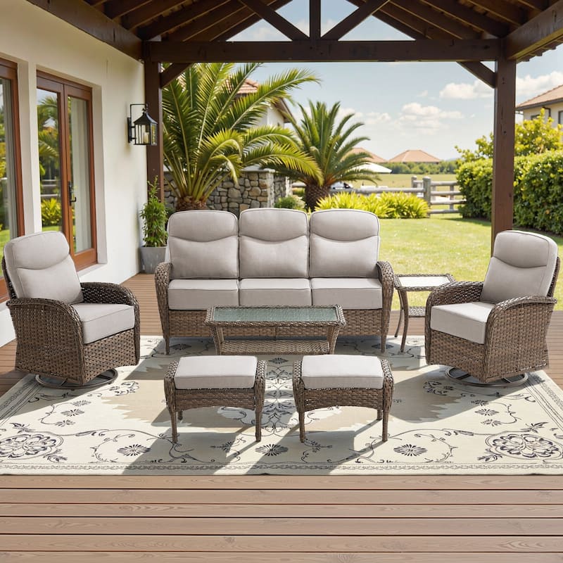 Meyreso 7-Piece Wicker Patio Conversation Set with Swivel Gliders and 6-Inch Thick Olefin Cushions - Brown Wicker - Beige Cushions