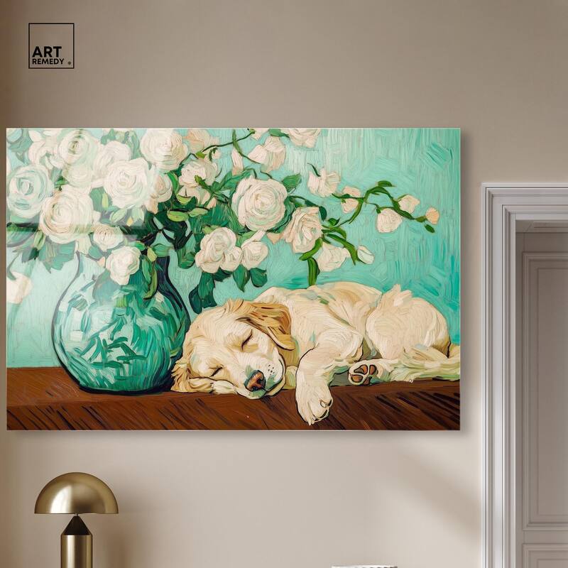 Rose Vase Puppy Acrylic by Art Remedy, Ready to Hang