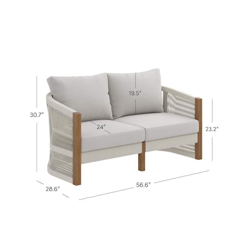Jagger Farmhouse Patio Seating with Solid Acacia Wood Frame, Cushions, and Rope Accent