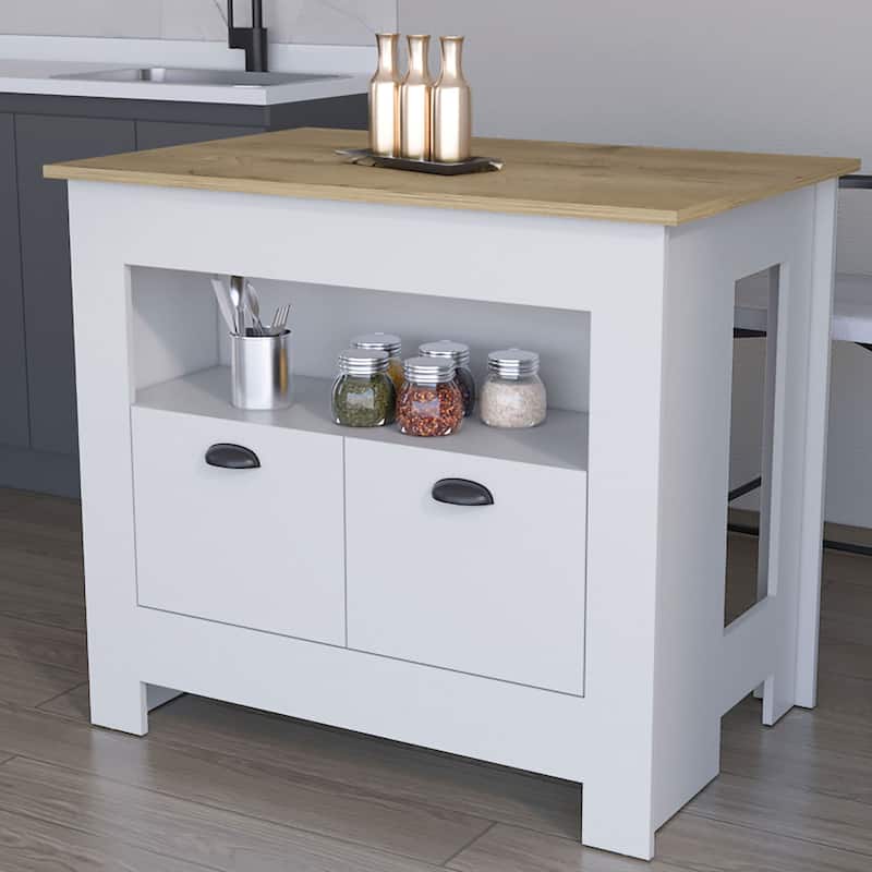"Modern 35" Kitchen Island, White and Macadamia Finish, 2 Doors, 3 Shelves, Durable Wood" - White