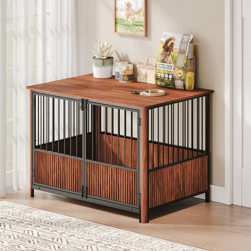 43'' Fluted Wood Dog Crate with 3 Doors, Indoor Decorative Dog Crate End Table, Dog Kennel Cage for Small to Medium Dogs