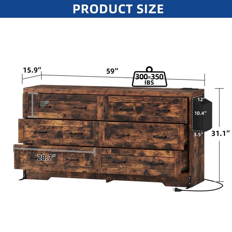 60 Inch Large 6 Drawers Storage Dresser TV Stand for 65" Brown - 58 inches