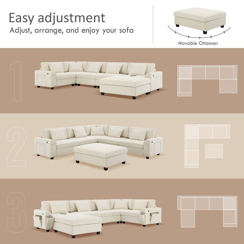 Modern U Shaped Modular Sofa with Hidden Storage and Cup Holders and Charging Ports for Living Room or Guest Room