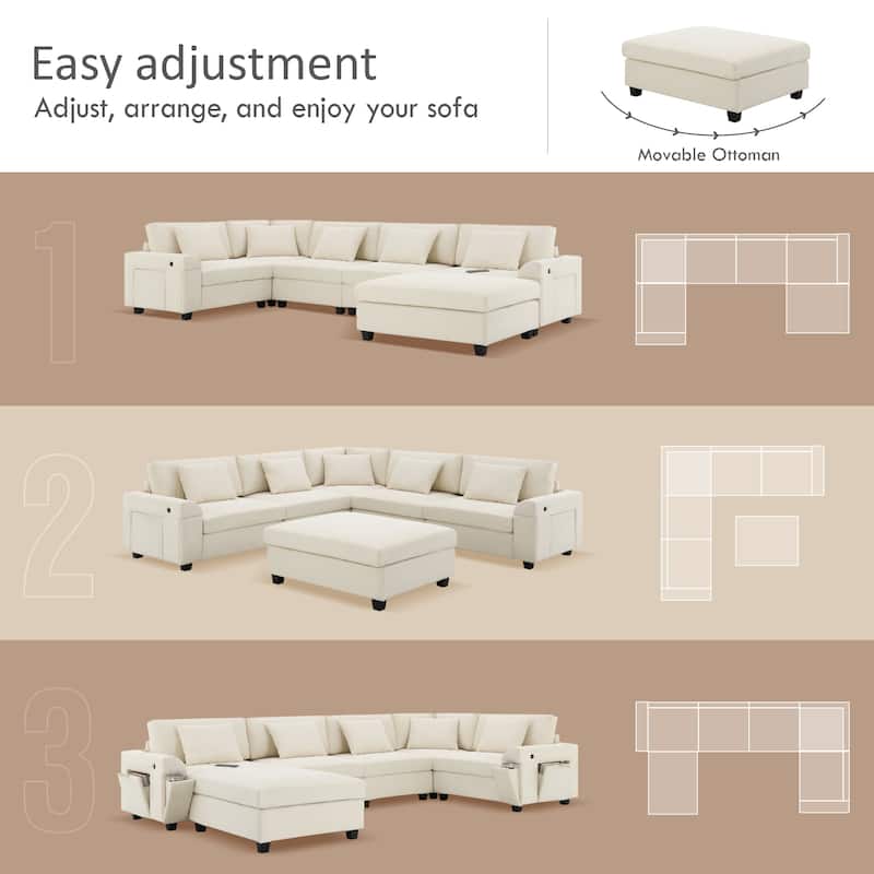 U Shaped Sectional Sofa with Ottoman, Chenille 6 Seater Sofa with Hidden Armrest Storage, Cup Holders & USB Charging Ports