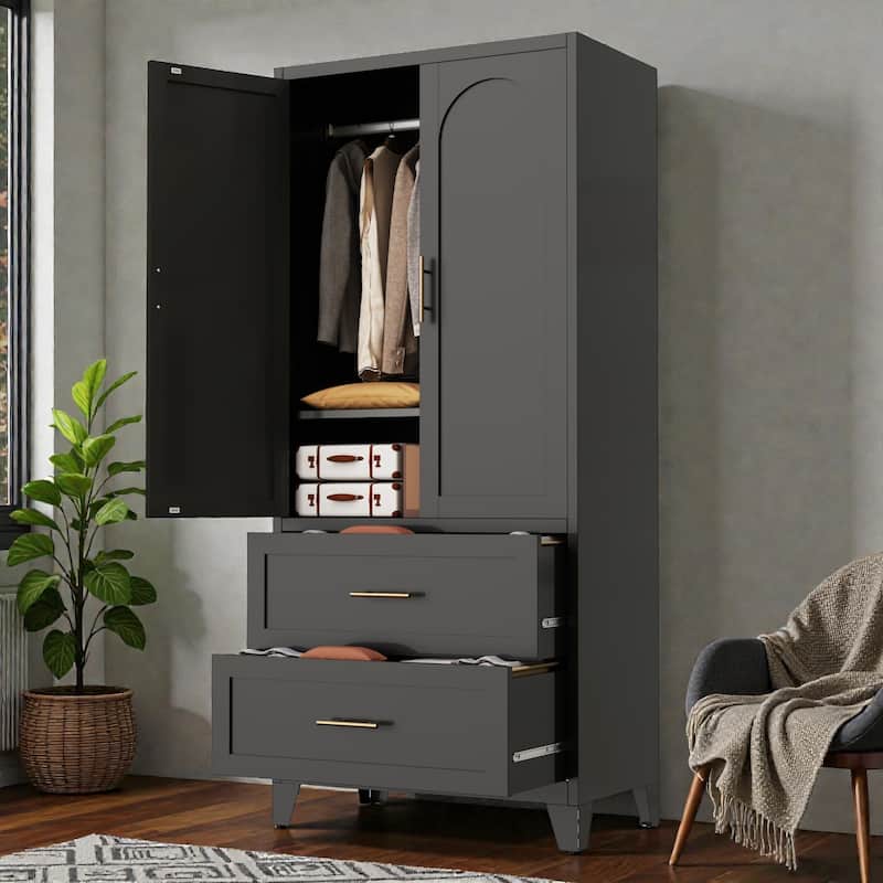 71 Inch Tall Metal Wardrobe Cabinet with 2 Drawers and Hanging Rod, 2 Door Steel Closet with Shelf for Bedroom