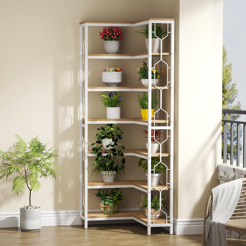 7-Tier Corner Bookshelf, White Corner Shelf Modern Etagere Bookcase