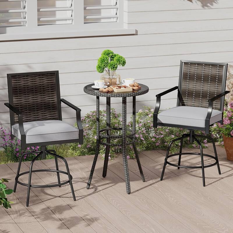 Outdoor PE Wicker Swivel Bar Stool Set Counter Height Patio Bar Chairs