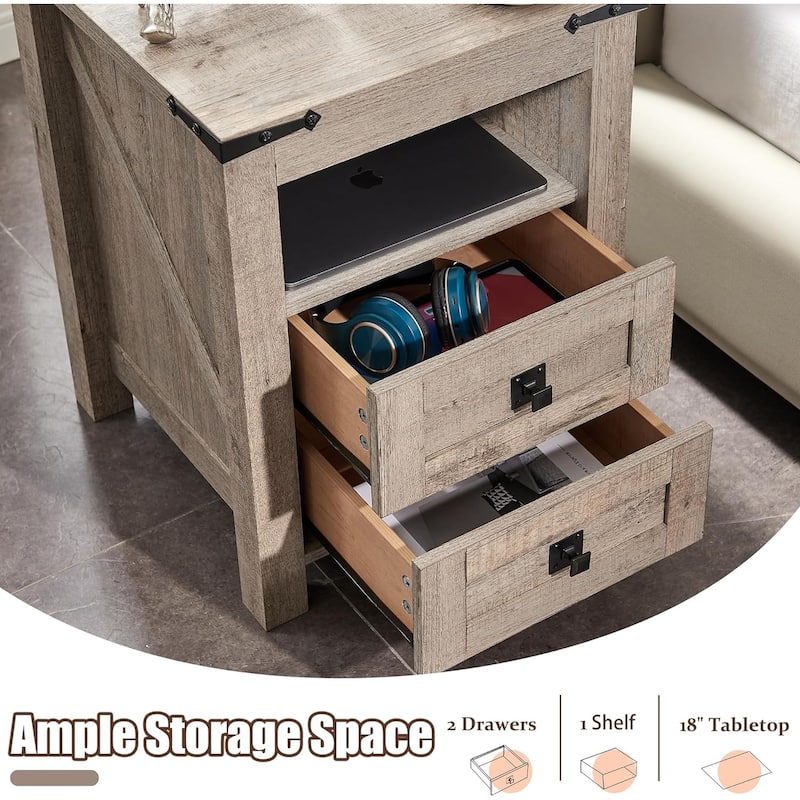 Farmhouse Nightstand with Charging Station, End Table, Side Table
